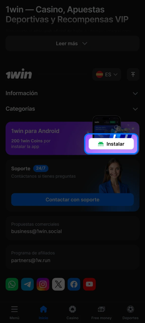 Descarga el archivo APK de 1win para Android.