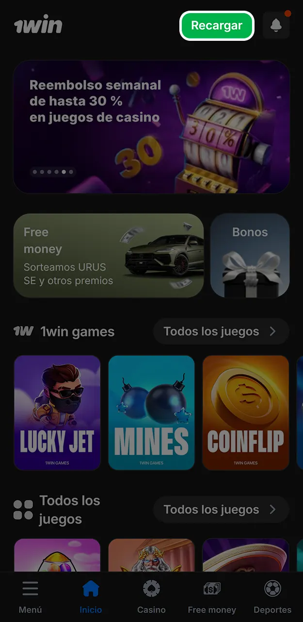 Inicie sesión en su cuenta y comience a recargar su cuenta de 1win.